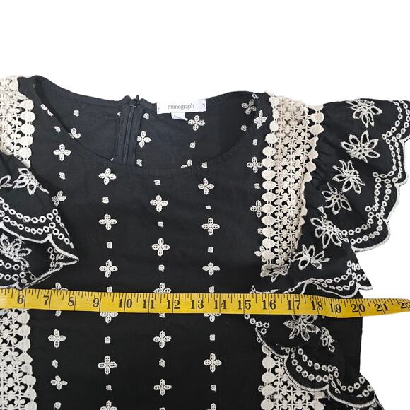 Monograph Black Creme‎ Embroidered Eyelet Crochet Scalloped Ruffle Sleeve Top L - Picture 11 of 13